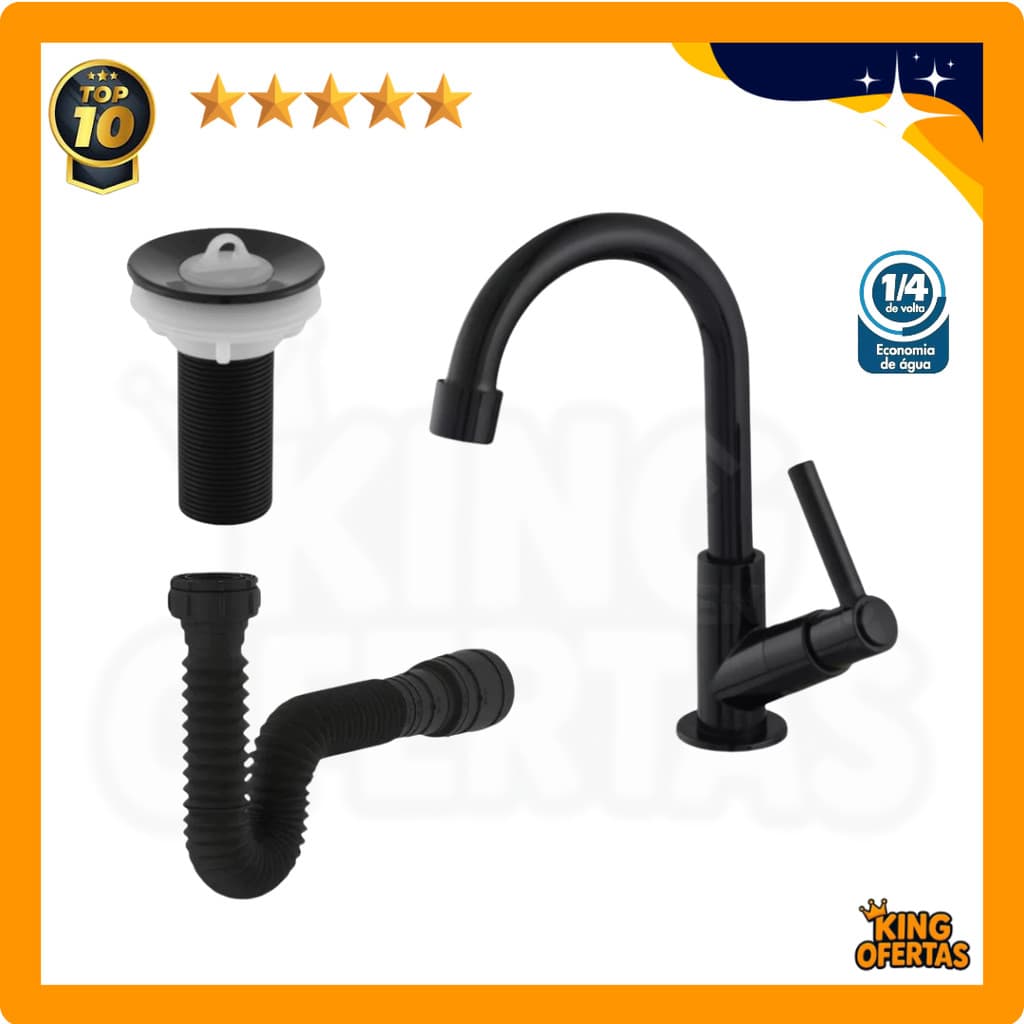 Kit Preto Torneira ABS + Sifão Black + Valvula 7/8 para Lavatório de Banheiro
