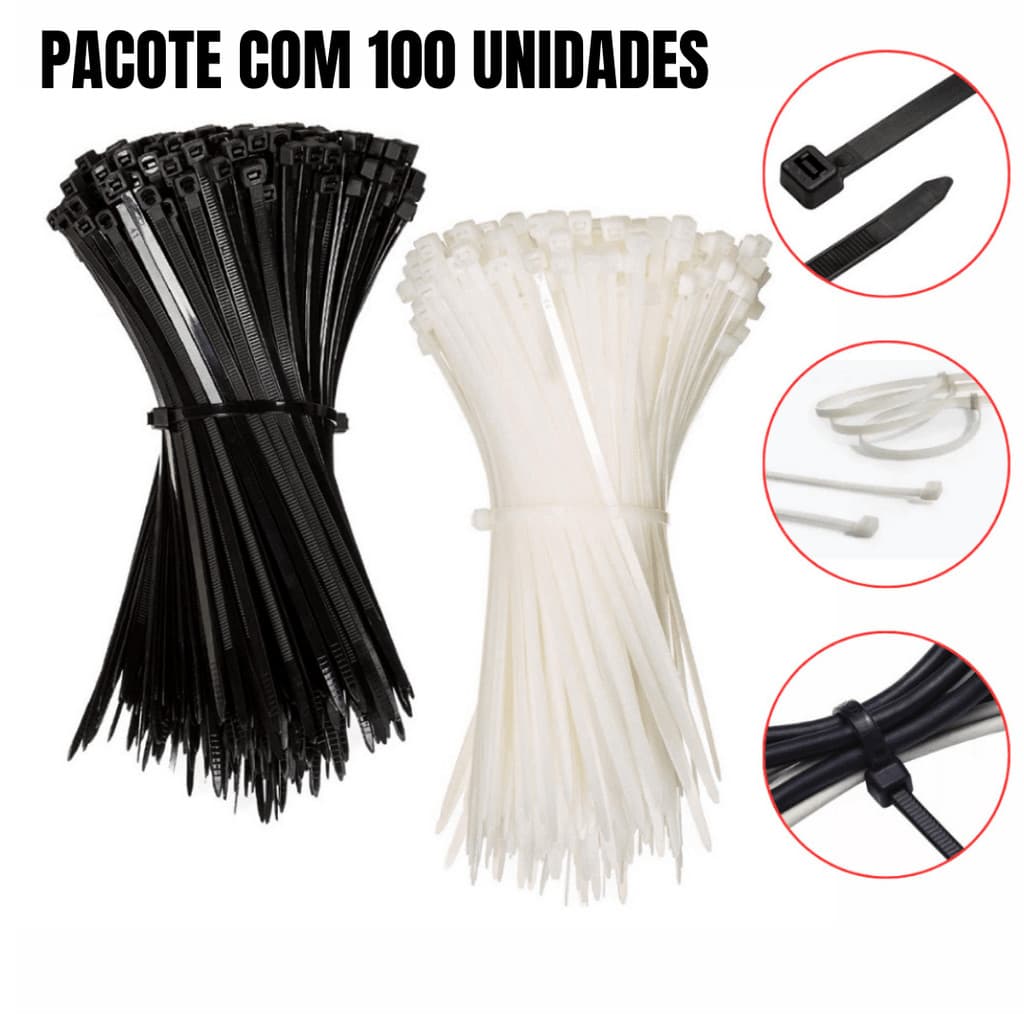 Kit 100 cintas plasticas abracadeira nylon preto/branco - várias medidas