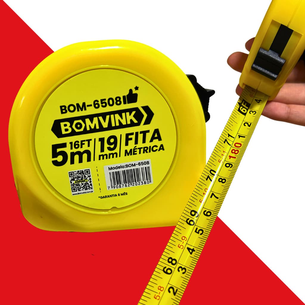 Trena Fita Métrica 5m 16FT 19mm | Escala Metro e Pé | Obras Móveis Construção Trava