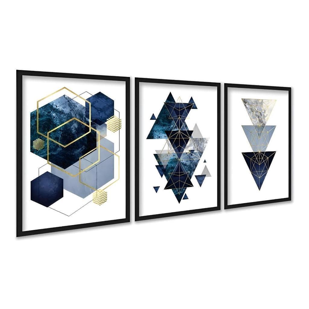 Kit 3 Quadros Decorativos Hexágono Formas Azul Dourado A4 Armação Preto