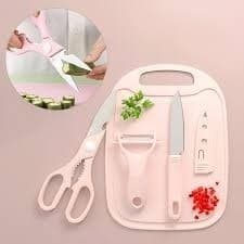 Kit 4 Utensílios Descascador Tábua Cortador Talheres Faca Inox Tesoura Cozinha