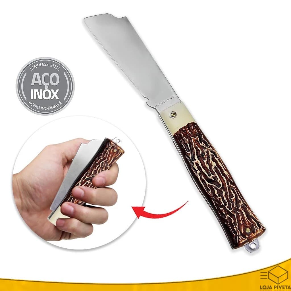 Canivete de Bolso Retrátil Ponta Larga Aço Inox Pica Fumo Pesca Roça Camping Dobrável