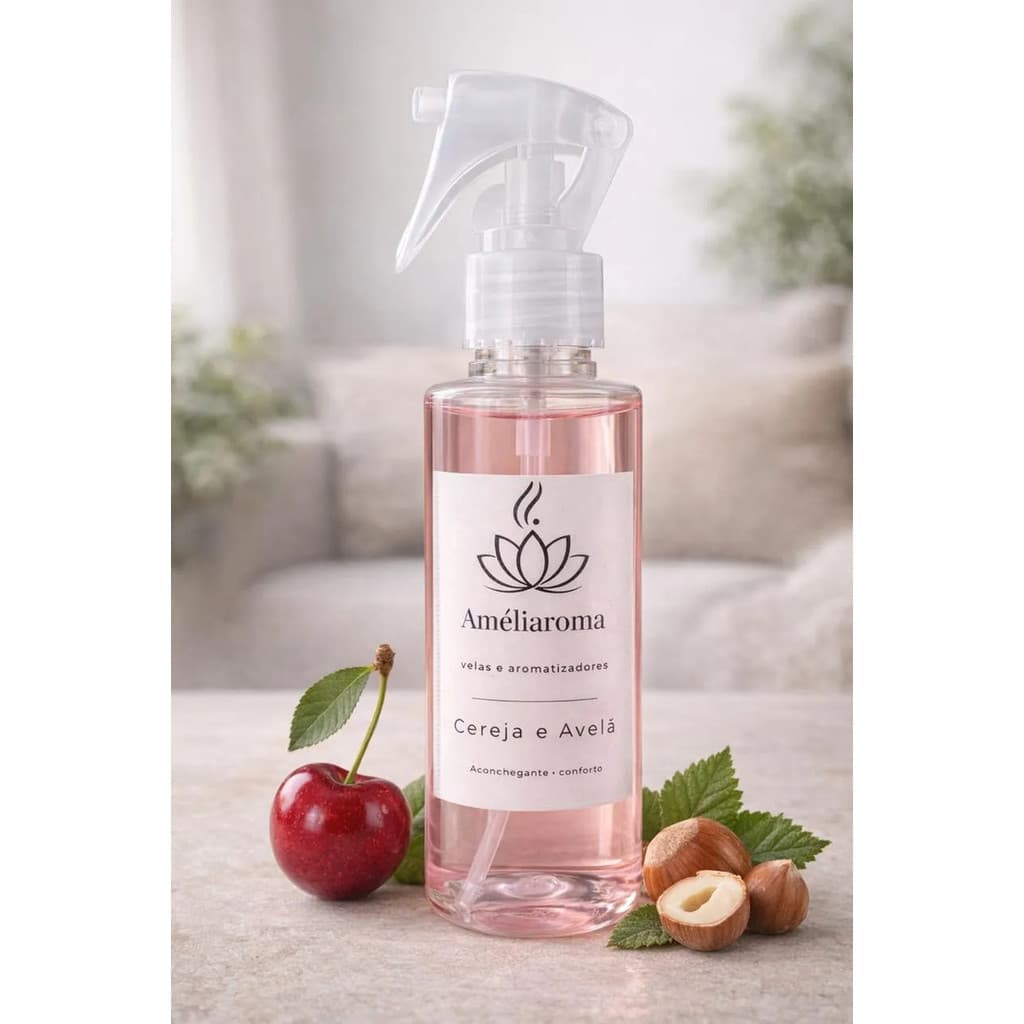 Home Spray Perfume de Ambiente 120ml Aroma de Cereja e Avelã Aromatizador Casa e Ambientes Premium Spray Refrescante