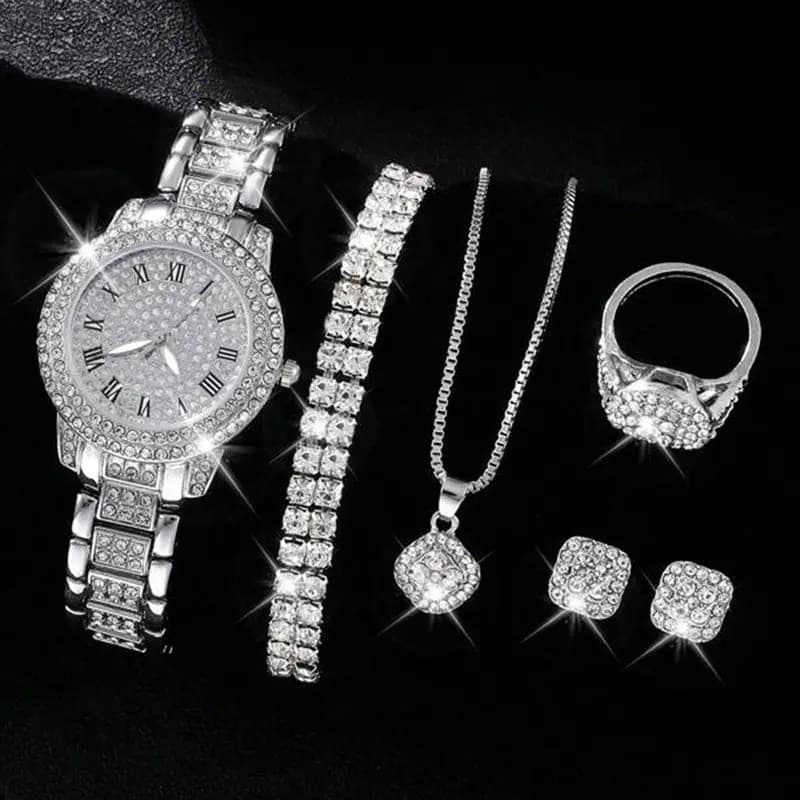 Novo Relógio 6pcs/Set Feminino De Luxo Rhinestone Analógico De Quartzo De Pulso De Aço Inoxidável & Conjunto De Jóias Pr
