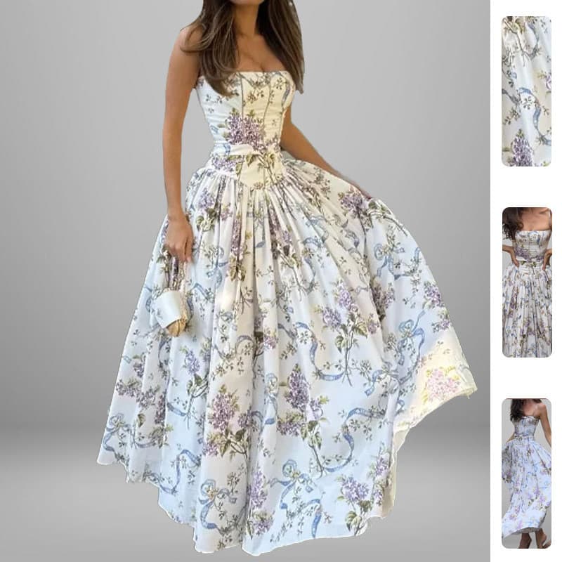 Vestido Feminino Elegante Estampado com Saia Ampla e Alças, Novidade Primavera 2026