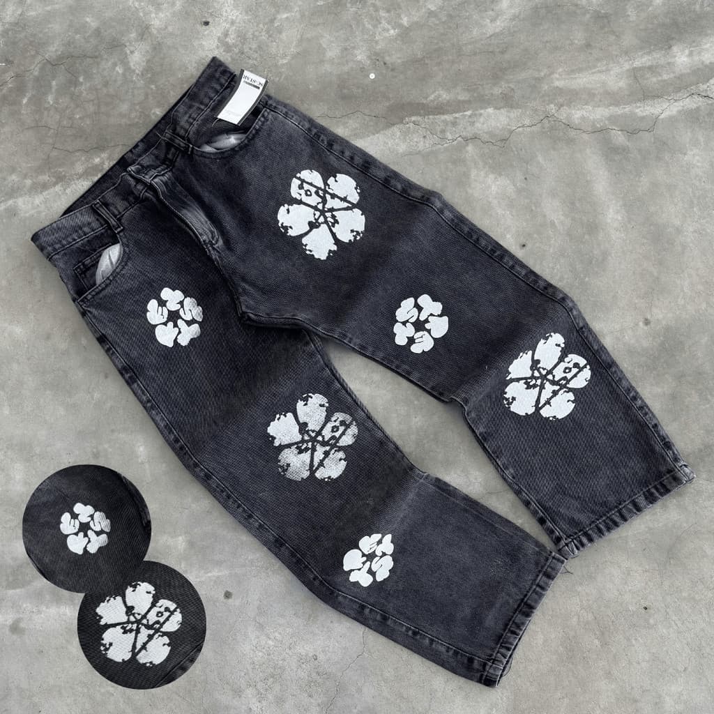 Calça Jeans Baggy Masculina Balão Premium Denim Floral Reta