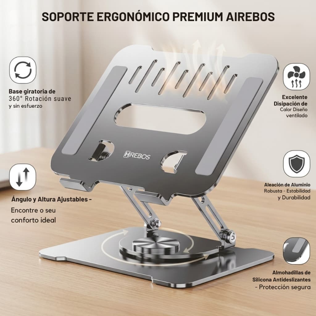 Suporte para Tablet - Alumínio Prata, 26cm, Altura Ajustável, Base Giratória 360°