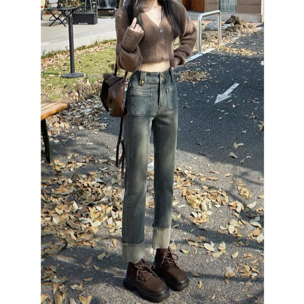 Retro cor combinando Jeans retos feminino 2026 primavera outono novo estilo cintura alta mais magro olhar tornozelo comp