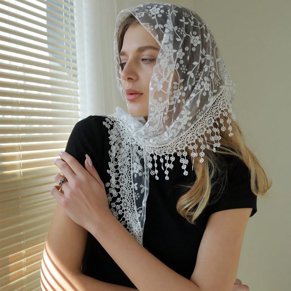 Véus De Massa Católica Da Igreja Para Mulheres Triângulo Renda Floral Mantilla Capela Lenço De Cobertura De Cabeça