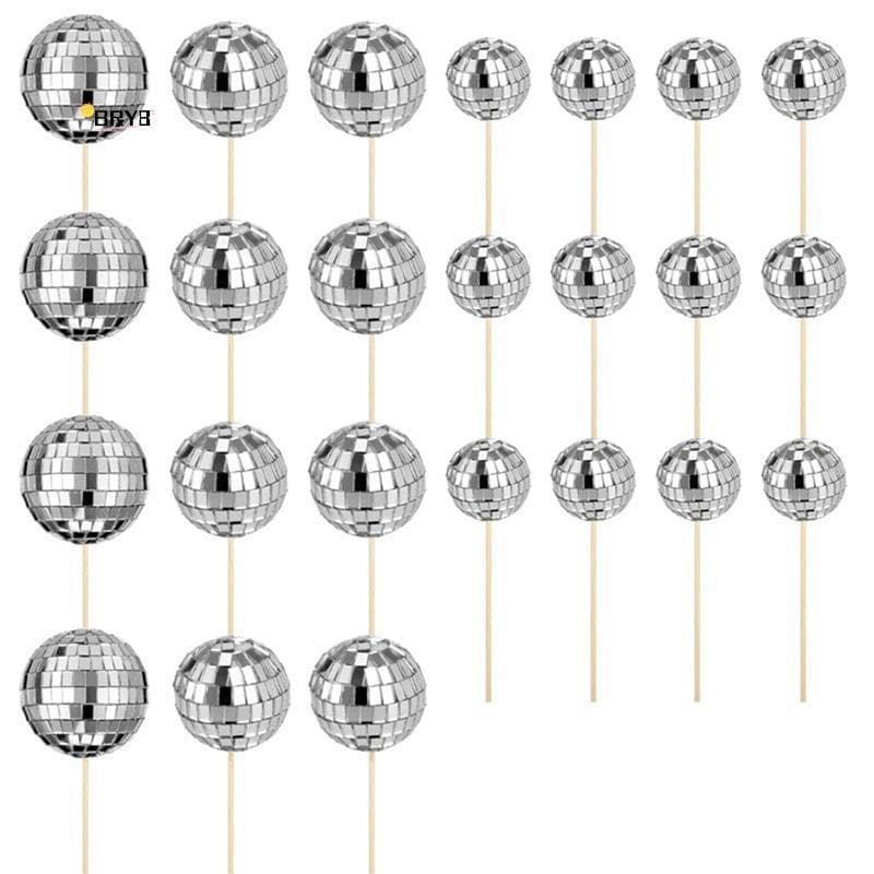 24 Pçs Bola De Discoteca Cupcake Toppers Feliz Aniversário Bolo Topper Picaretas Tema Decoração Do Para Festa Fácil De U
