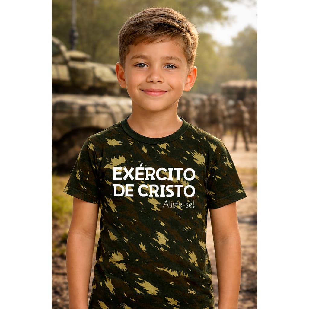 Camiseta Exército de Cristo Tamanho Infantil | Estampa Camuflada