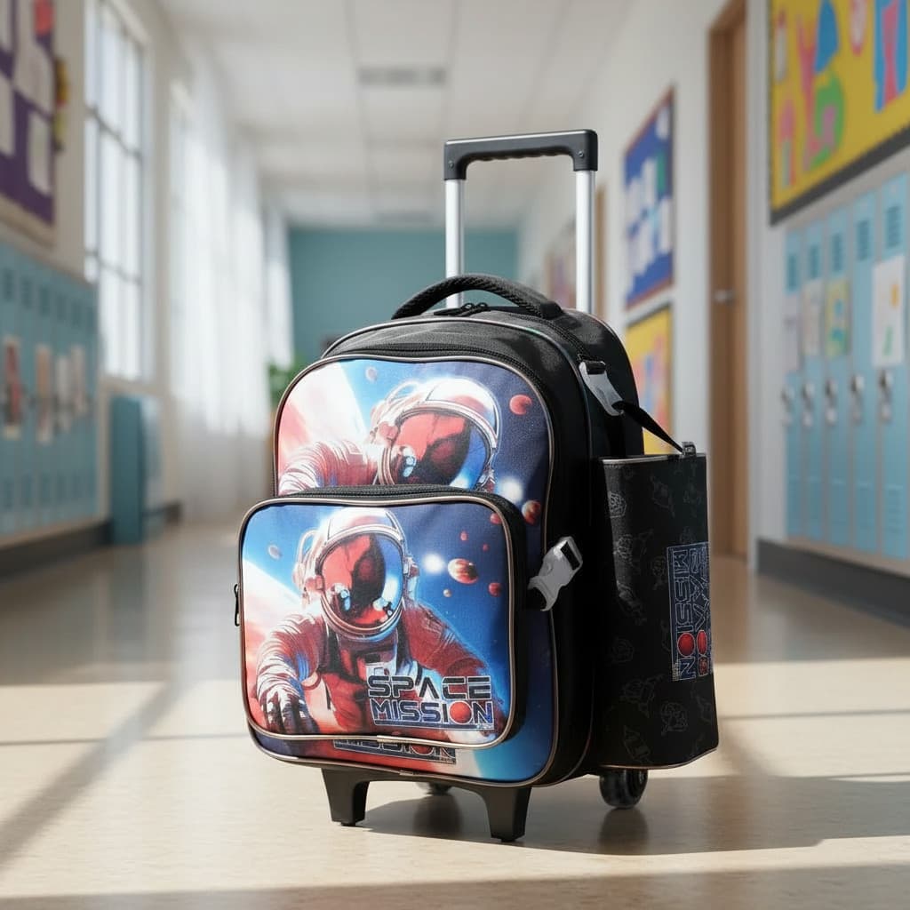 Mochila Escolar Rodinhas Astronauta Kit Lancheira E Estojo Infantil