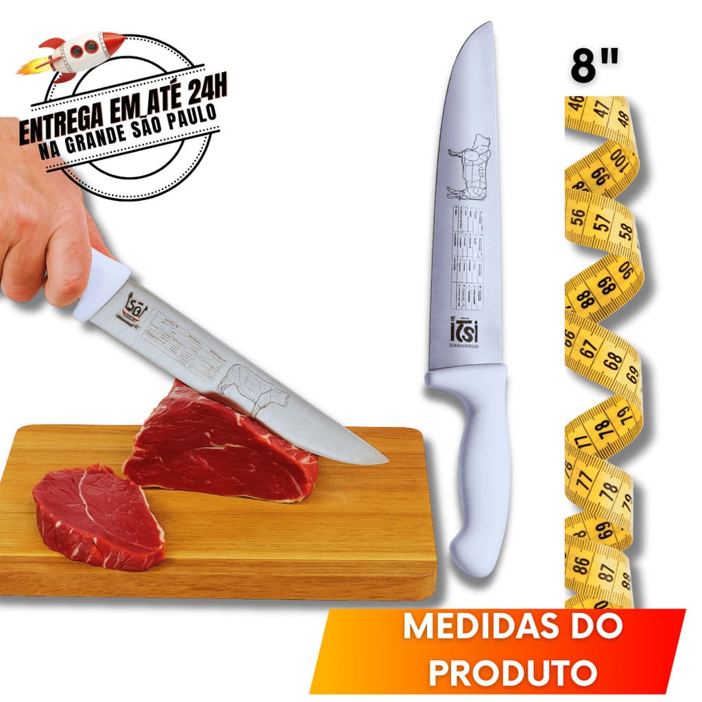 Faca Aço Inox 2 / 1 Unidades Churrasco Carne Peixe 8 Polegadas Profissional Açougue