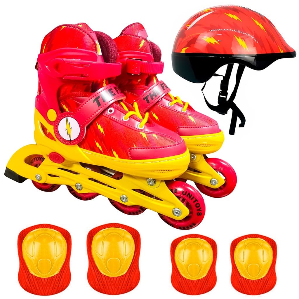 Patins The Flash Ajustável Infantil Dc Comics Inline Com Kit Proteção Vermelho 4 Rodas Meninos