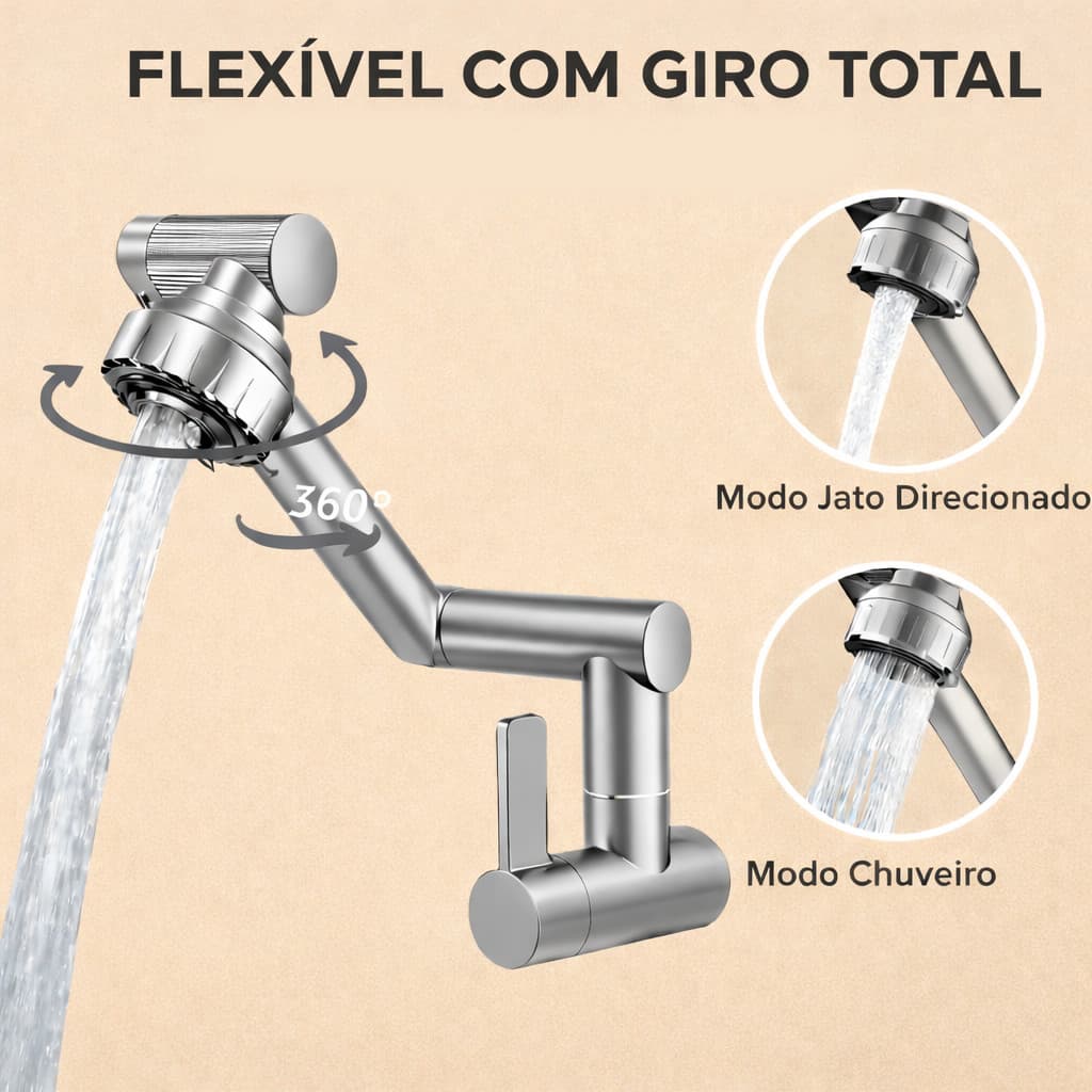 Torneira 1080° Braço Robótico de Parede Anti Respingo Jato Duplo Cromada 1/2”