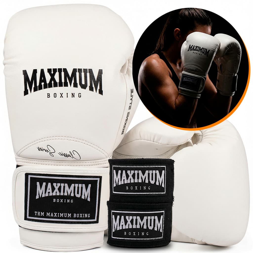 Maximum Boxing Luvas de Boxe 10 OZ + Bandagem Maximum 3 Metros Cor Preta e Branca