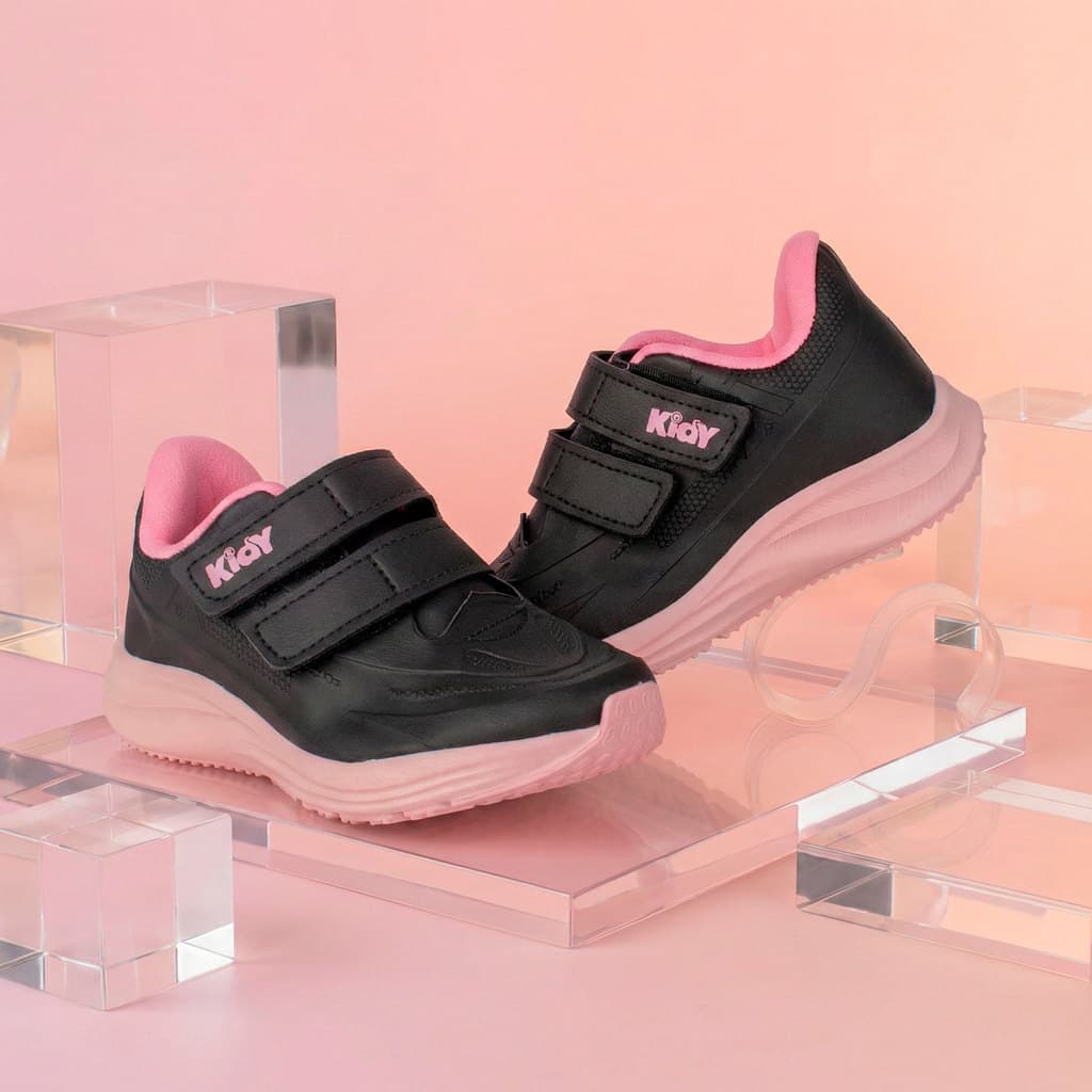 Tênis Infantil Menina Kidy Super Conforto Respitec Preto Rosa Chiclete Conforto Macio Dia a Dia