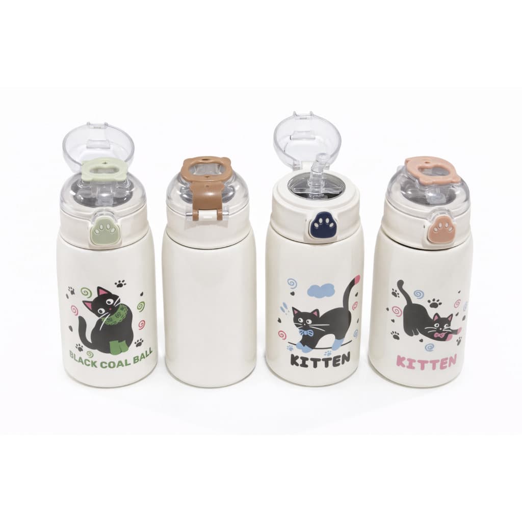 Garrafa Térmica 400ml Gatinho Preto | Aço Inox | Tampa com Trava | Mantém Frio e Quente