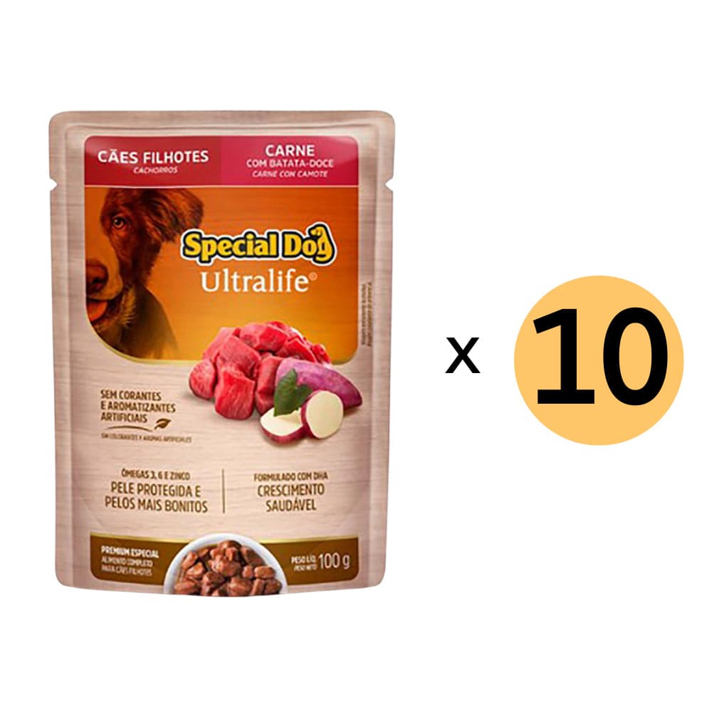 Kit 10 Ração Special Dog Sachê Cães Filhotes Carne 100G