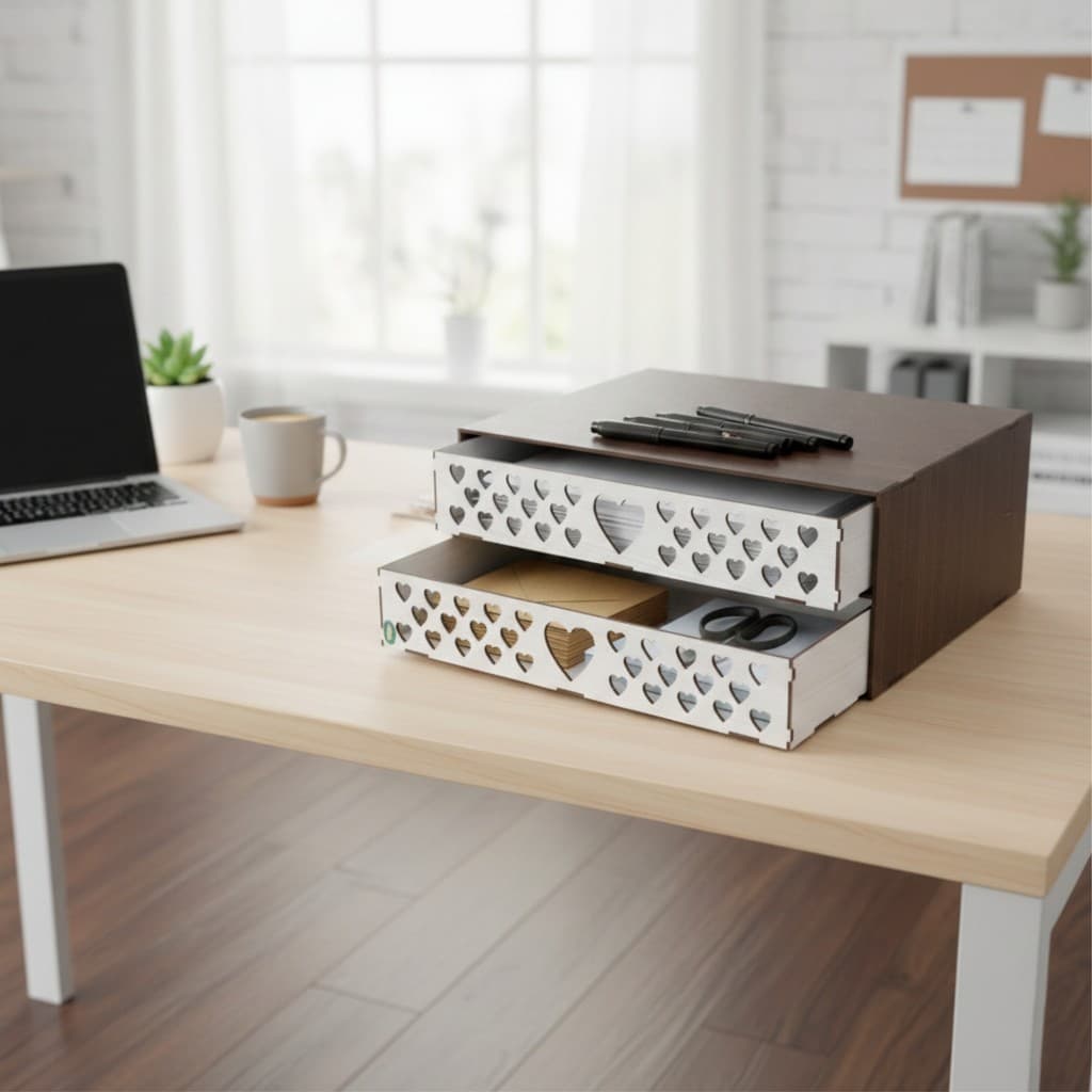 Organizador 2 Gavetas decorado Cor Nogueira e Branco Folha Sulfite A4  Gaveteiro MDF Papel A4