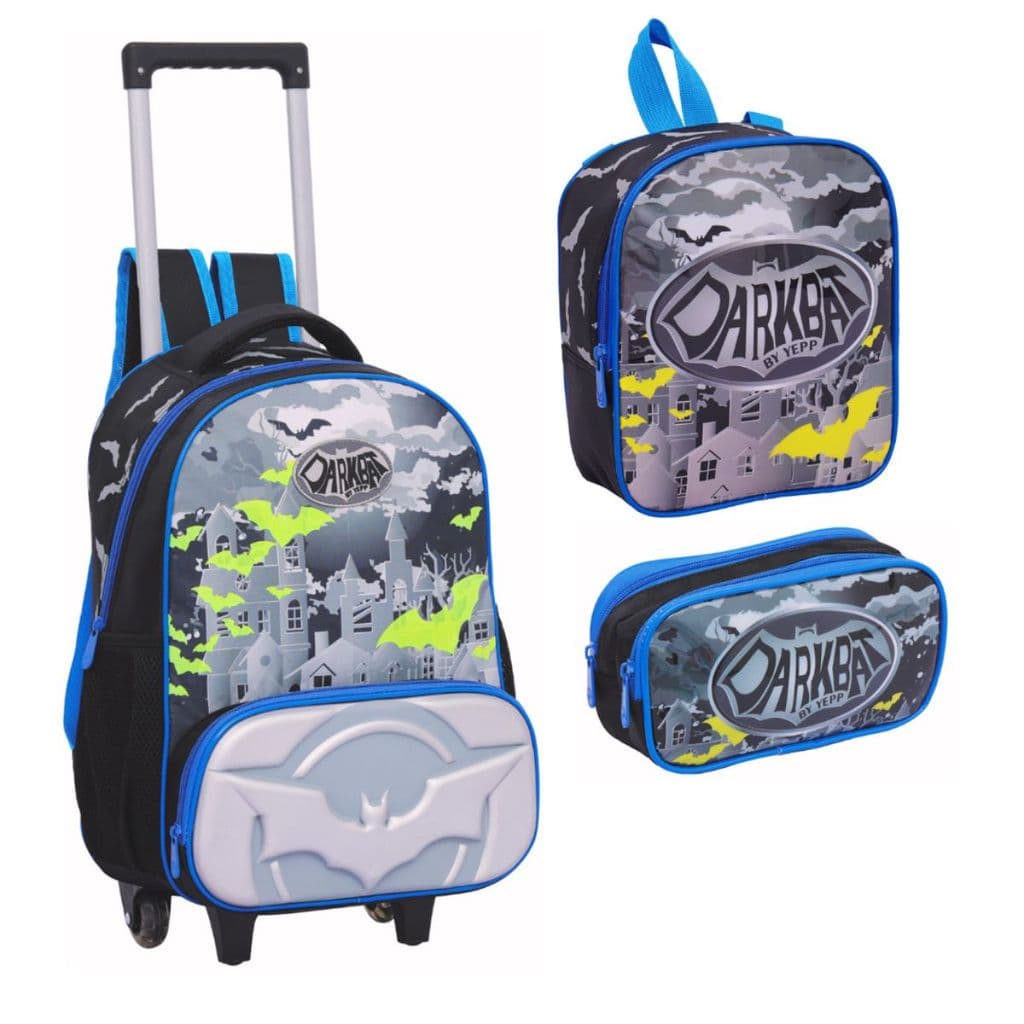 Kit Mochila Rodinhas Lancheira Estojo Escolar Menino Batman Infantil Dark Bat Yepp
