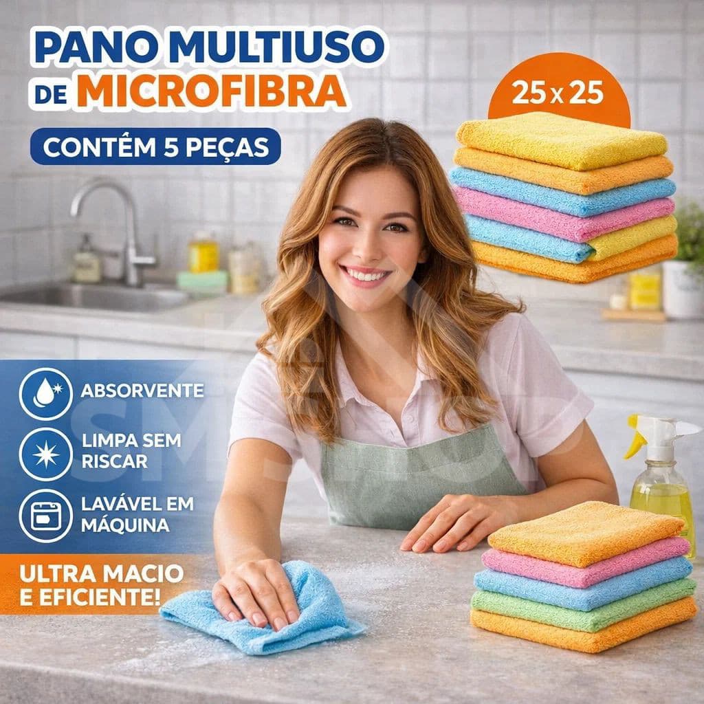 Kit 5 Pano Flanela Microfibra Multiuso Absorvente 25cm Limpa Carro Limpeza Vidro Pia Pano Mágico FWB