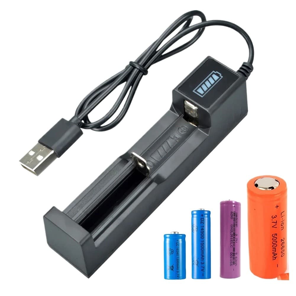 Carregador universal de bateria inteligente usb, 1 slot, para 16340 14500 18650 26650 3.7v, acessórios de carga