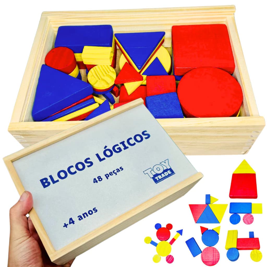 Blocos Lógicos com 48 Peças em Madeira Colorida Educativo - Toy Trade Raciocínio e Formas