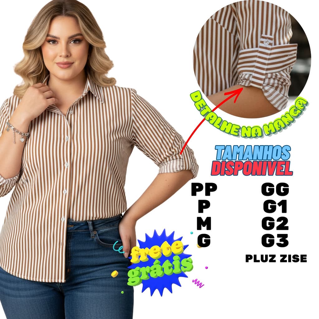 Camisa Social Marrom Caramelo Listrada Manga Longa Do PP ao G3 Plus Size