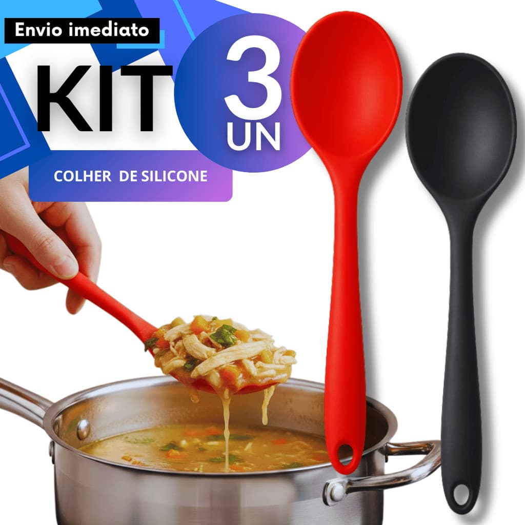 Kit 2/3/5/8 Colher Silicone 28cm Para Arroz Risotos Molhos Refogados Não Risca Antiaderente Vermelho Preto