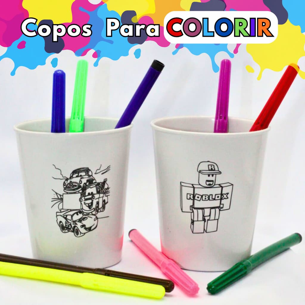 Kit de Copos de Plastico Com Desenhos Para Colorir Para Festas, Lembrançinha, Dia a Dia Resistente,