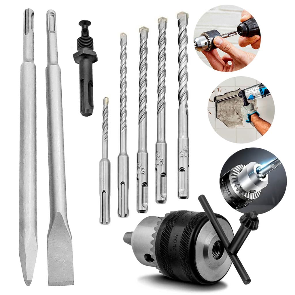 Kit 5 Brocas, Mandril, Talhadeira E Ponteiro sds plus 250mm Martelete GBH 2-24D HR2470 GBH 2-20D