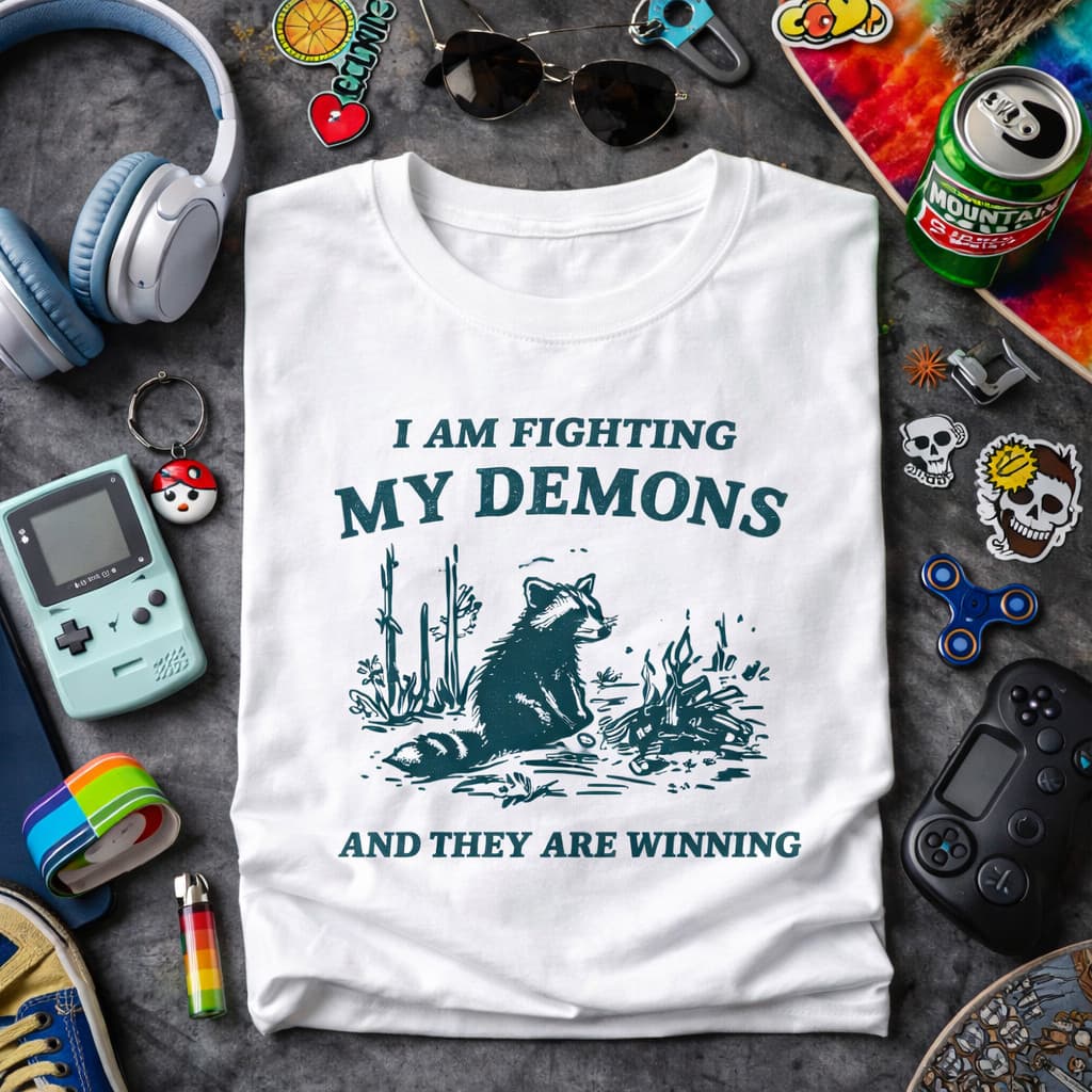 Camiseta Premium Unissex Guaxinim Fighting My Demons 100% Algodão