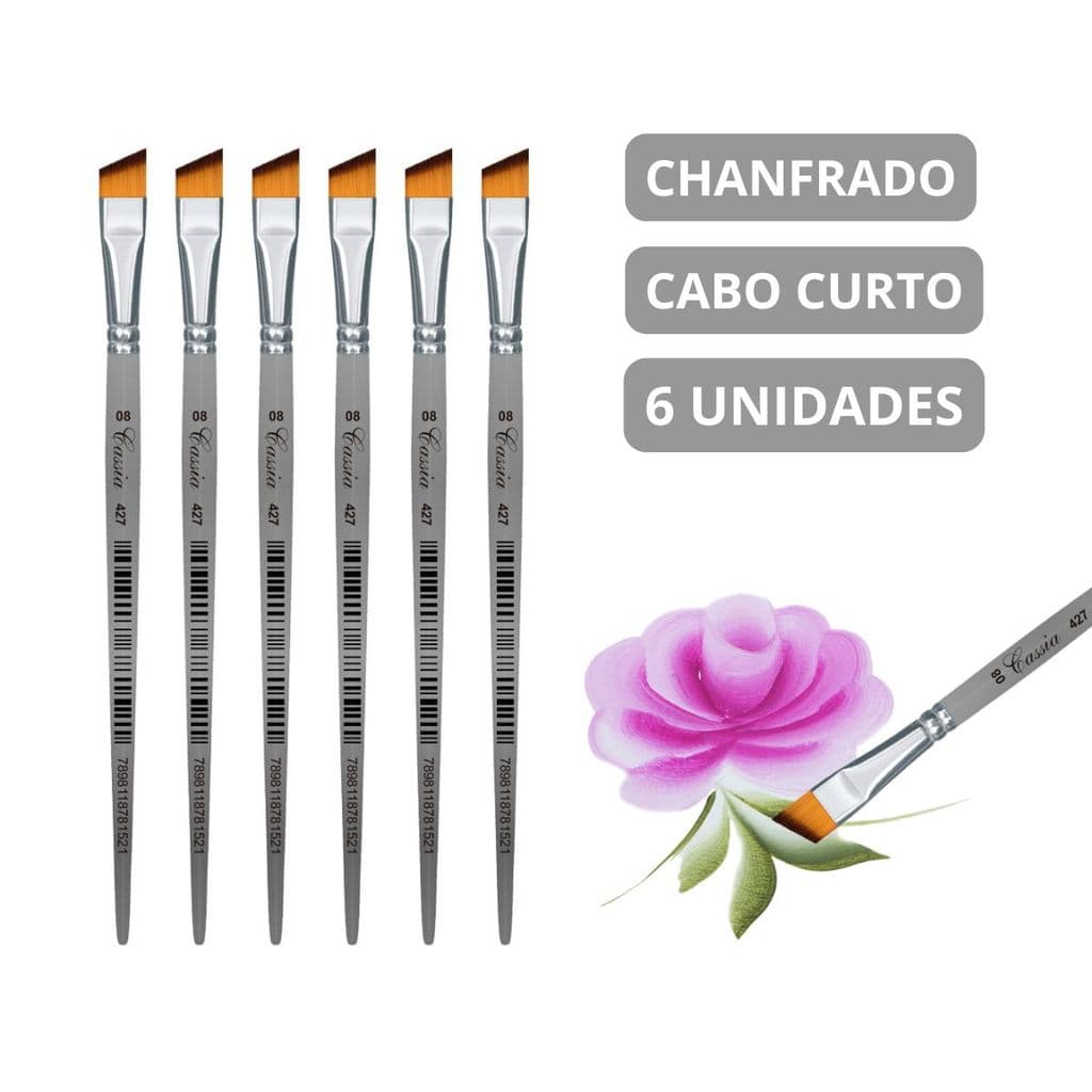 KIT 6 PINCEL PARA PINTURA CHANFRADO ARTISTICO CABO CURTO 427 - PINCEIS CASSIA