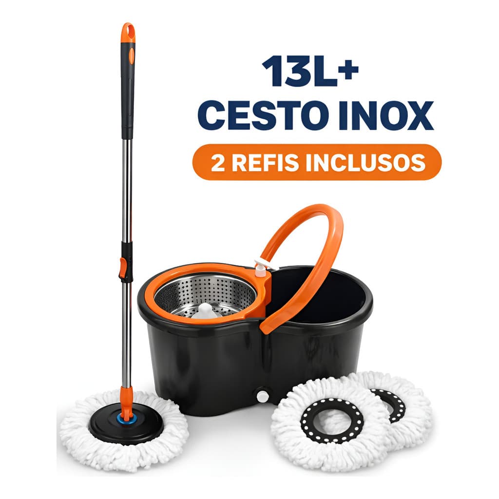 Mop Esfregão Giratório 360 Balde Inox 13 Litros Cabo 1,4mt + 2 Refil