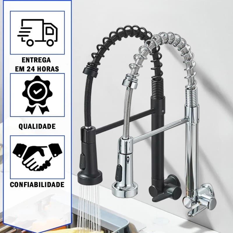 2 Em 1 360 ° Torneira De Cozinha Giratória Preta Aço Inoxidável 304 Montada Na Parede