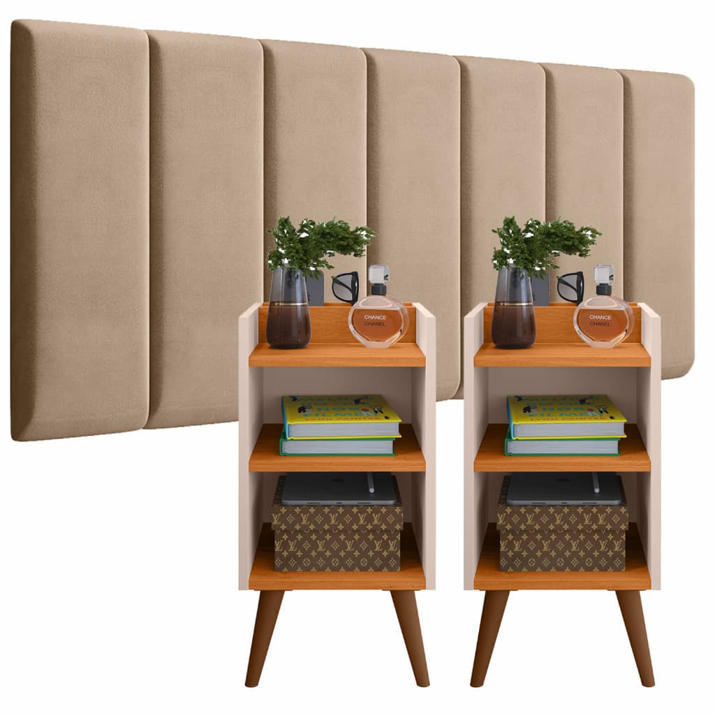 CONJUNTO CABECEIRA MODULADA ESTOFADA + KIT MESAS DE CABECEIRA – CONFORTO, ESTILO E ORGANIZAÇÃO PARA SEU QUARTO!