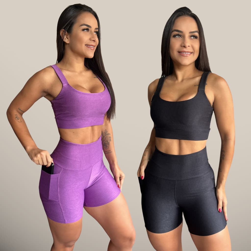 Kit 2 Conjuntos Canelados Top de Academia e Short com Bolso Corrida Topper Feminino Roupa Fitness Feminina Legging Alta