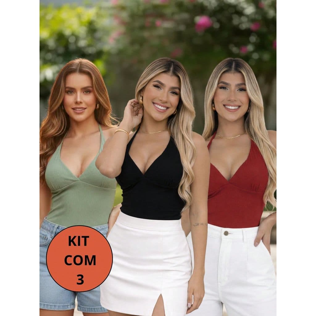 Kit 3 Regatas Femininas com Bojo Frente Única Com Decote V  Amarração no Pescoço Ideal Para O Verão