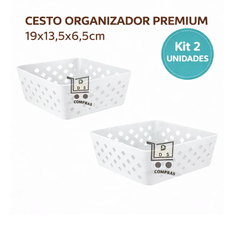Kit 2 Cesto Organizador Multiuso Premium Branco 19x13,5x6,5 cm Armario Gaveta Geladeira Banheiro Cozinha Lavandeira