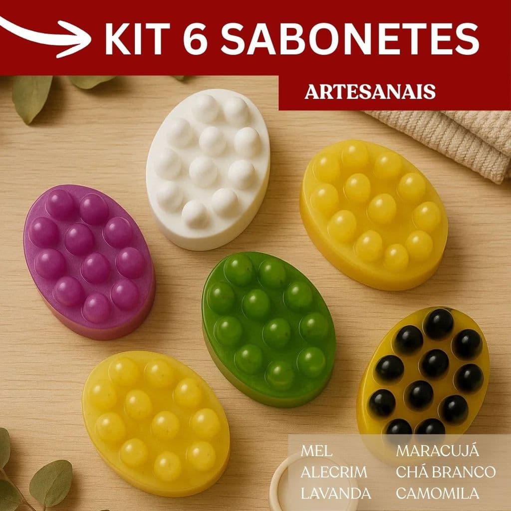 Kit 6 Sabonetes Artesanais Massageadores – Mel, Alecrim, Lavanda, Maracujá, Chá Branco e Camomila