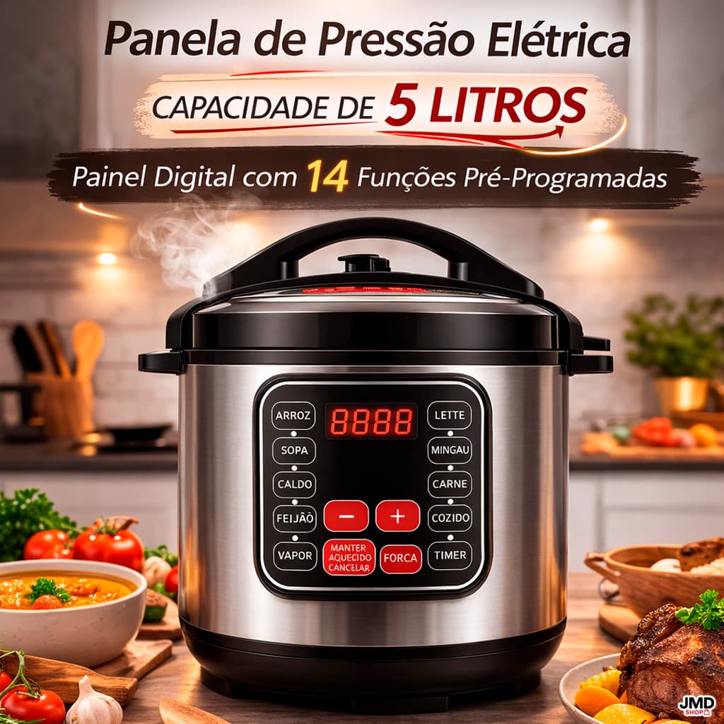 Panela Elétrica  5 Litros Inox Preta Digital Aquecimento Timer De Pressão