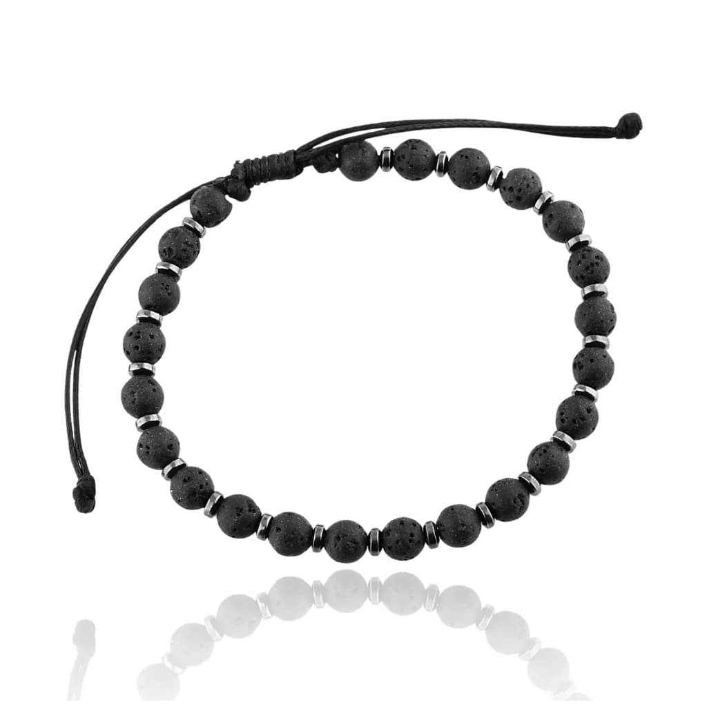 Pulseira Masculina Pedra Vulcânica Preto Fosco e Chumbo Ajustável - Ermino