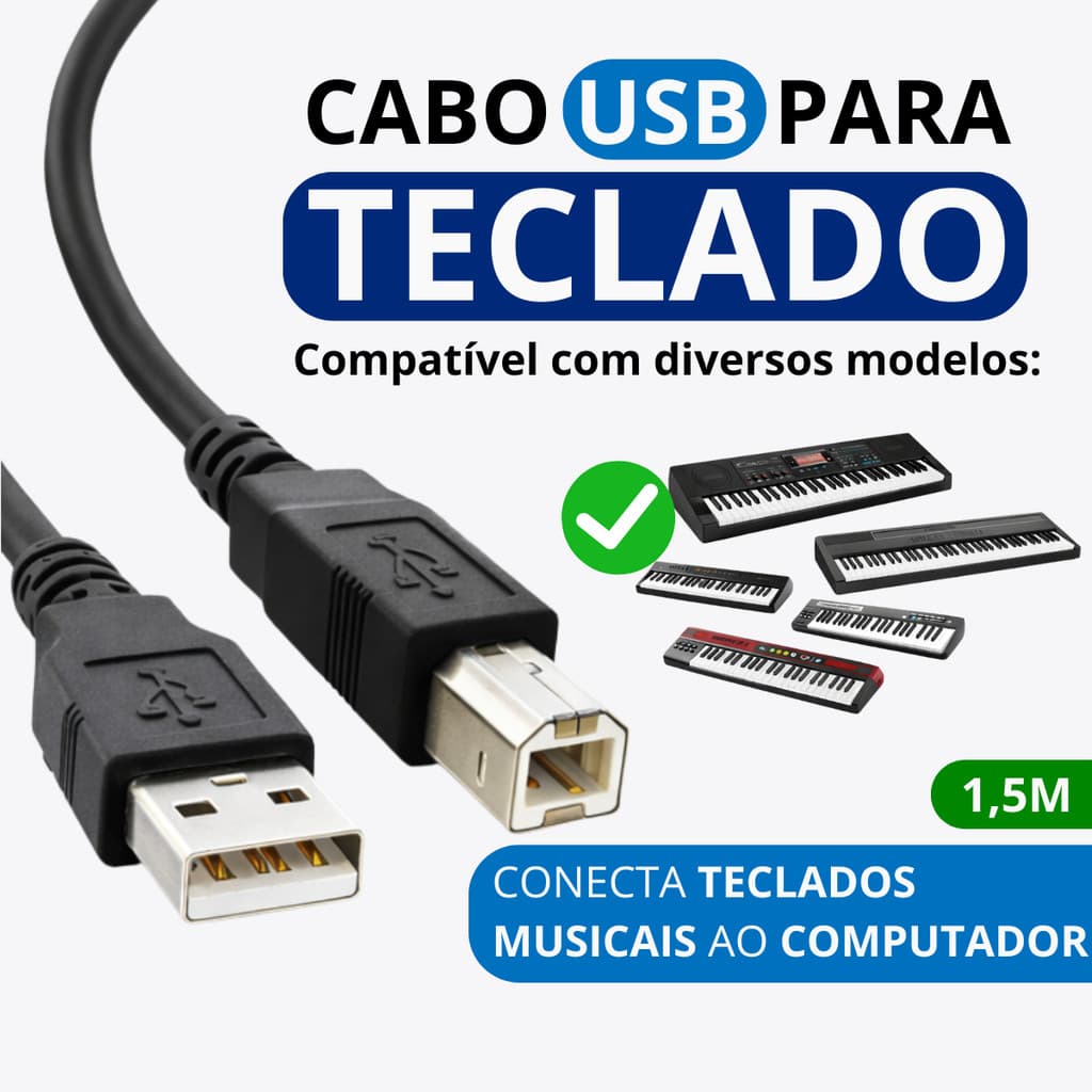 Cabo USB para Teclado Musical MIDI USB A p/ B 1,5m Compatível Marcas Controlador MIDI Alta Qualidade
