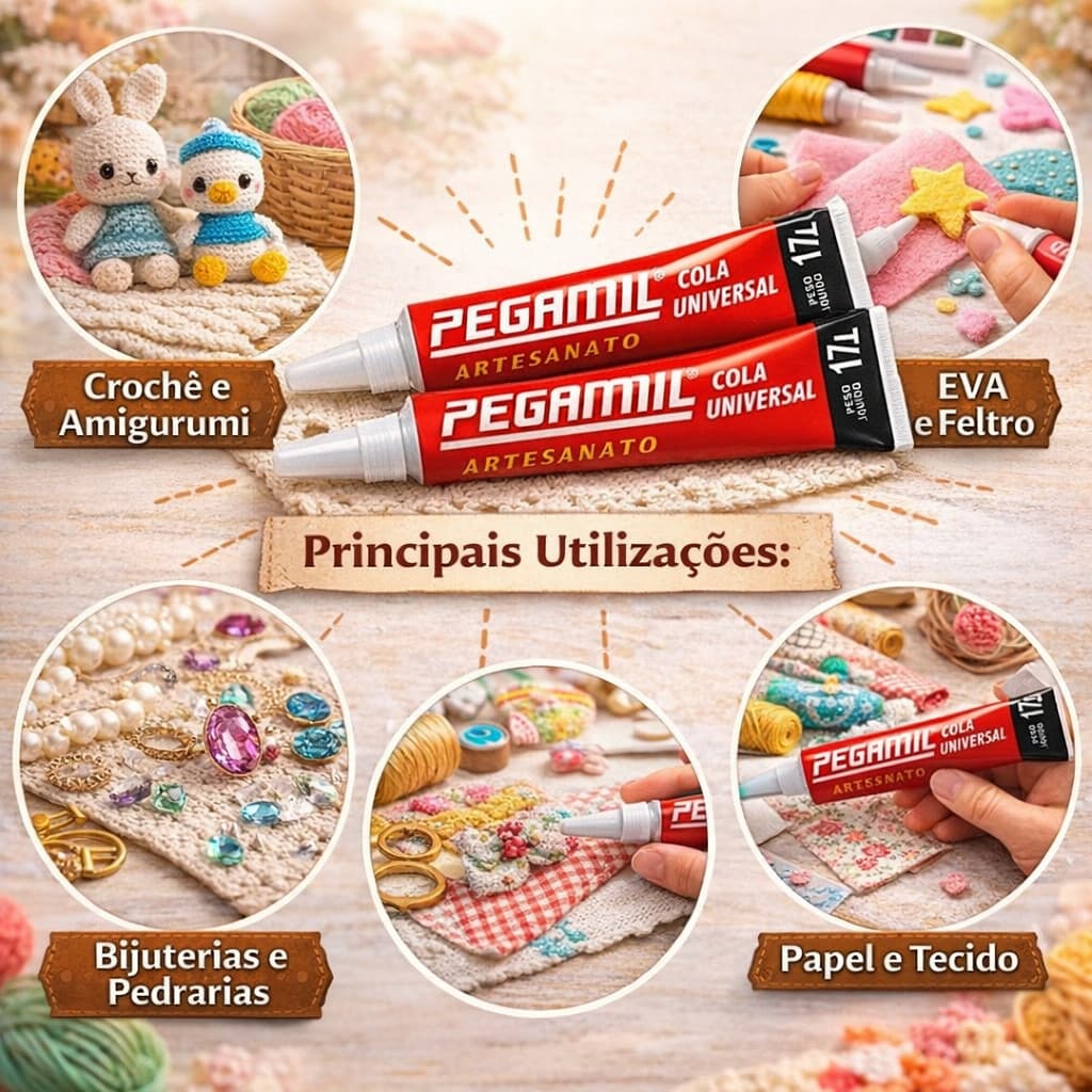 Cola Universal Pegamil 17g Artesanato Crochê EVA Madeira Tecido Multiuso Secagem Rápida