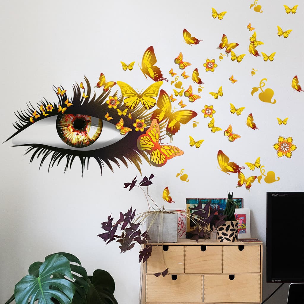 Adesivo De Parede Olhos Cílios Borboleta Colorida Fundo Decoração De Casa Auto -