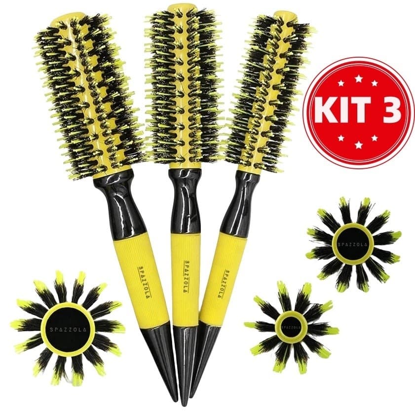KIT Escova De Cabelo Térmica Amarela Com Cerdas De Javali Mistas De Madeira