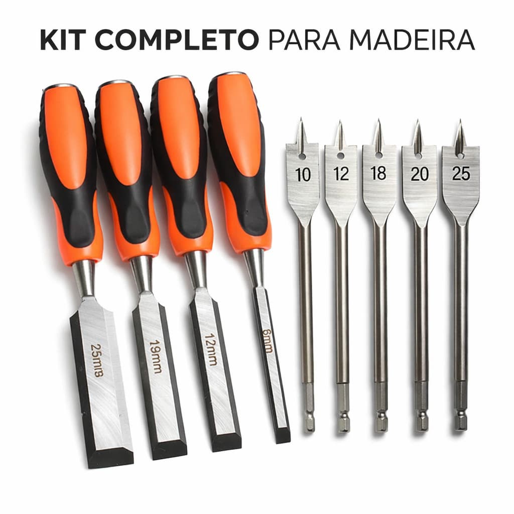 Kit Broca Formão 10 Peças Completo Marceneiro Madeira Corte Chata Longa
