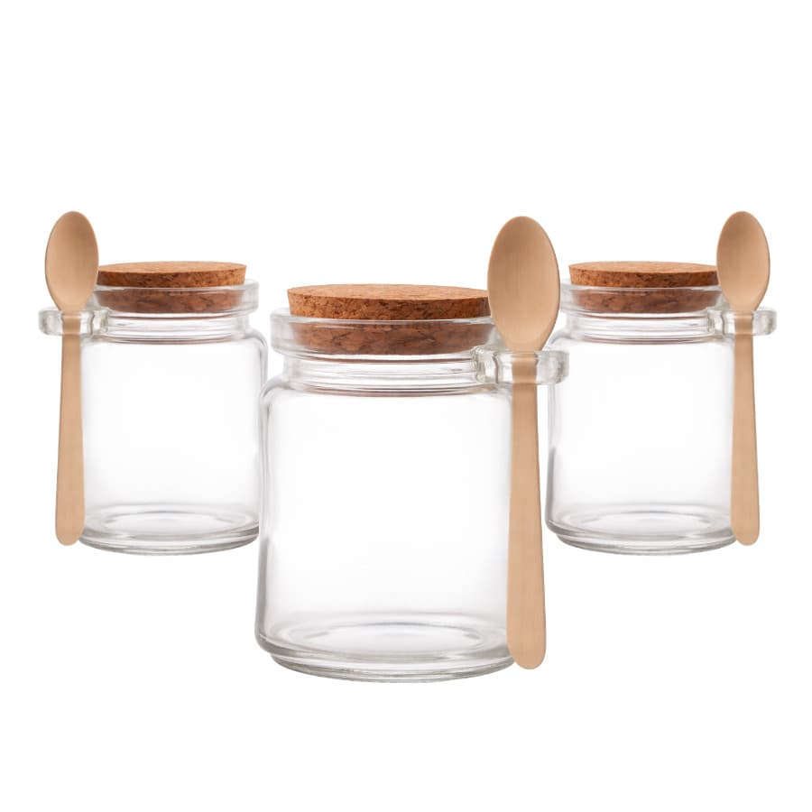 Kit 3 Porta Pote Tempero Saleiro Vidro com Colher de Bambu e Tampa Rolha 200ml