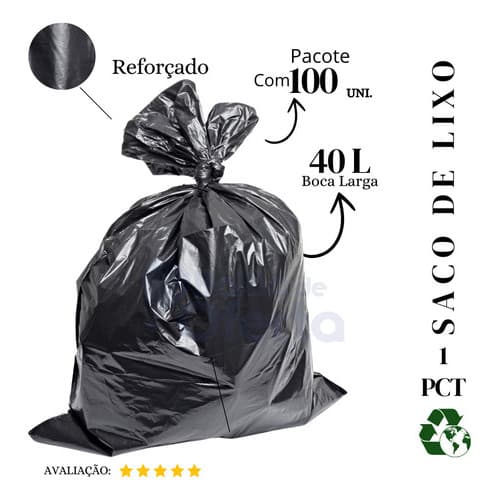 Saco De Lixo 40 Litros Reforçado Preto - 100 Unidades Cor P